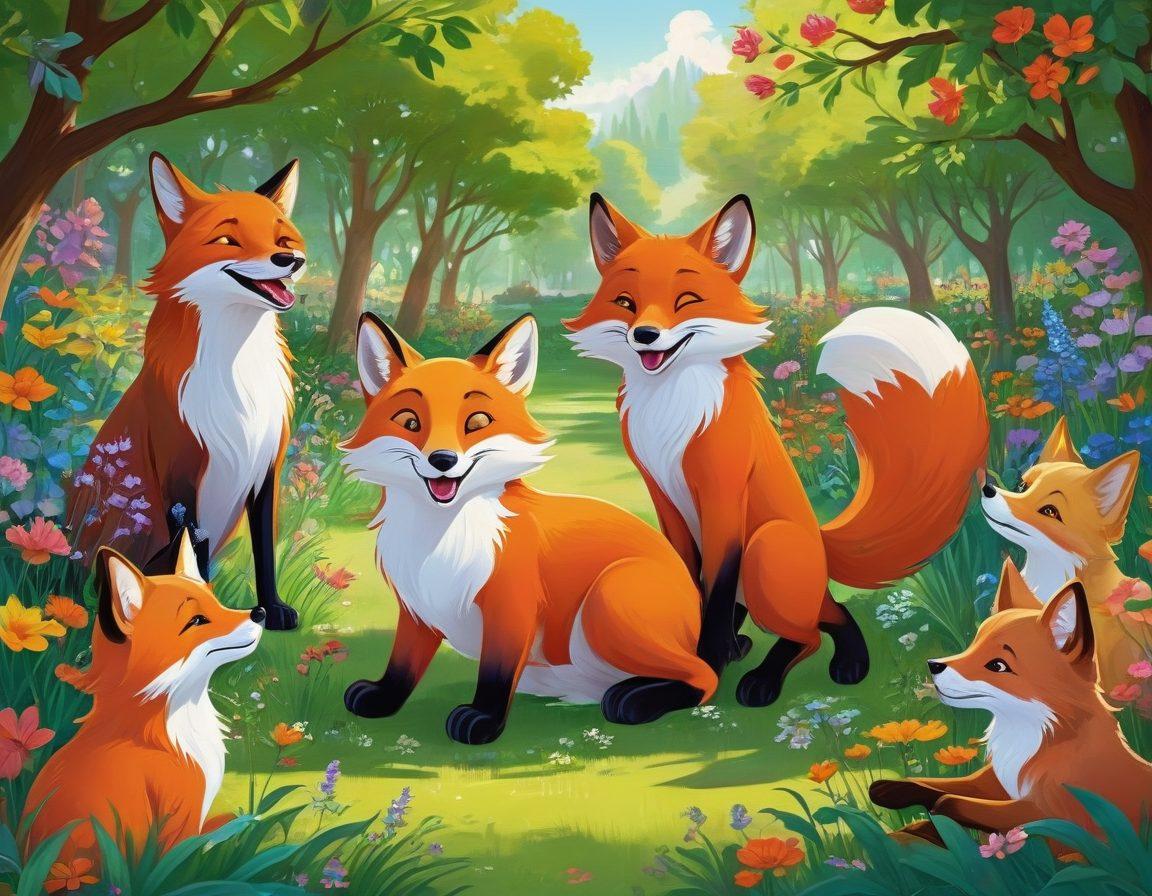 A playful scene featuring a joyful fox surrounded by various pet lovers, including dogs, cats, and birds, all interacting harmoniously in a vibrant community setting. Incorporate elements of nature like trees and flowers, symbolizing wildlife advocacy, with a warm, welcoming atmosphere. Bright colors and dynamic poses convey the joy of companionship and love for animals. cartoon style. vibrant colors. cheerful background.