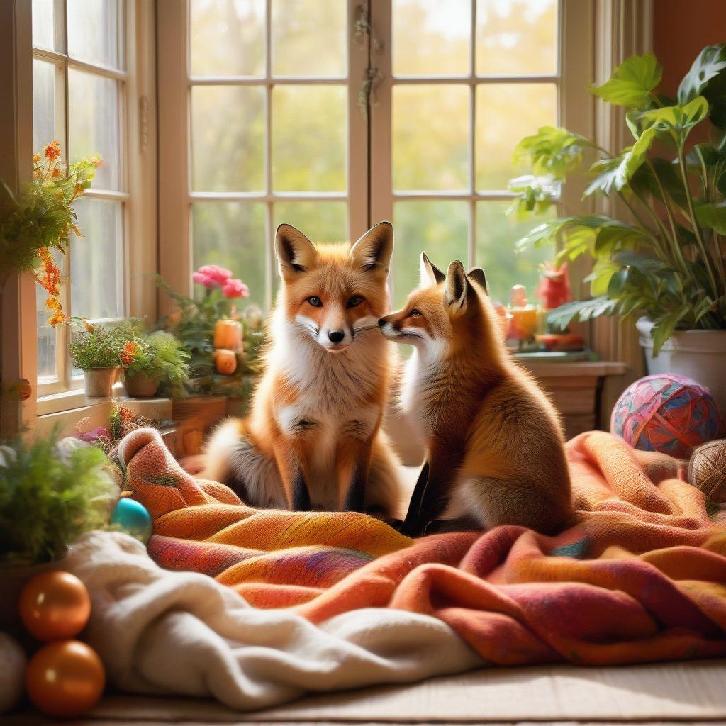 A playful fox with a bushy tail, nestled happily in a cozy living room surrounded by colorful toys and a warm blanket, sunlight streaming through a window. The background features a lush, vibrant garden visible outside, symbolizing the wild. Include a gentle human hand reaching out to the fox, showcasing a bond of companionship. The scene should evoke a sense of warmth, love, and adventure. soft focus, vibrant colors, warm lighting.